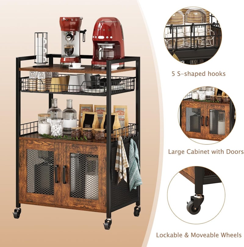 Hencawima Coffee Bar Cabinet, 3 Tier Coffee Station Table on Wheels, 35.9" H Bar Cart with Wire Basket Drawer & 5 Hooks for Home Kitchen, Liquor Buffet Sideboard Cabinet (Rustic Brown) - Image 4